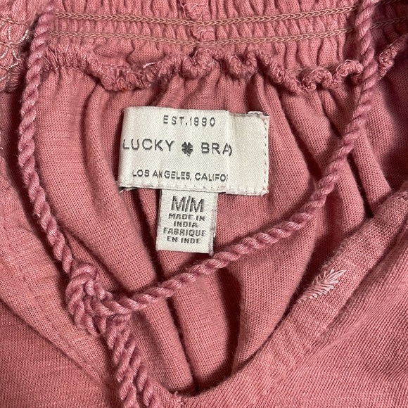 Lucky Brand Boho Smocked Leaf Embroidered Tassels Elbow Sleeves Dusty Pink Top M - Picture 2 of 13